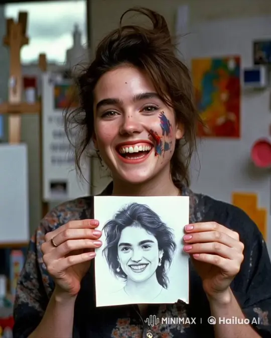 Joyful Artist Showcases Her Masterpiece in Chaotic Studio – AI Generated Video | Hailuo AI