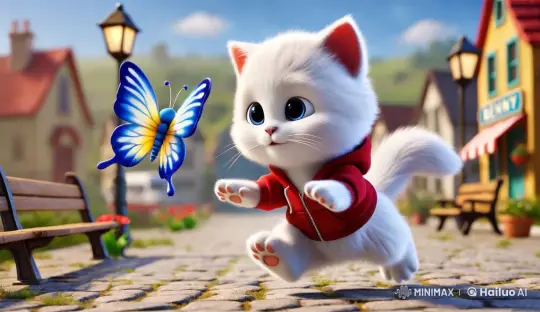 Fluffy Kitten Chases Butterfly in Town Square – AI Generated Video | Hailuo AI