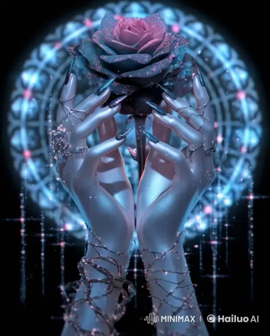 Elegant Hands Showcase Sparkling Rose in Mystical Atmosphere – AI Generated Video | Hailuo AI