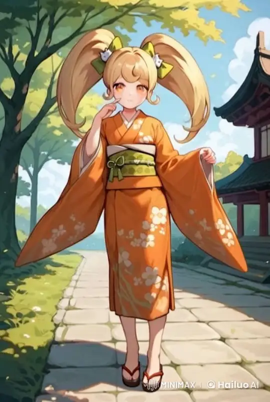 Young Girl in Orange Kimono Amidst Serene Japanese Pathway – AI Generated Video | Hailuo AI