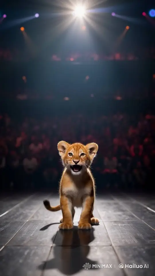 Young Lion Cub Enthusiastically Roars on Stage – AI Generated Video | Hailuo AI