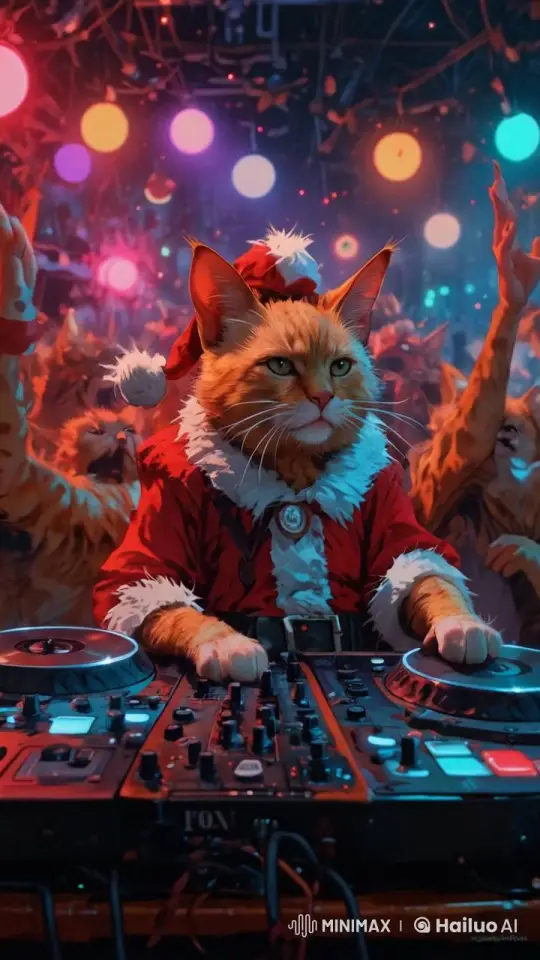 Ginger Cat Santa DJs Festive Nightclub for Dancing Felines – AI Generated Video | Hailuo AI