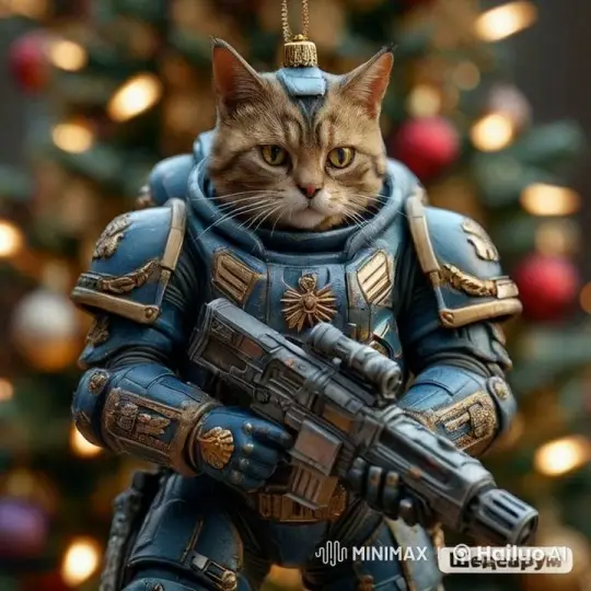 Armored Cat Fights Shape-Shifting Phantoms in Gothic Christmas Setting – AI Generated Video | Hailuo AI