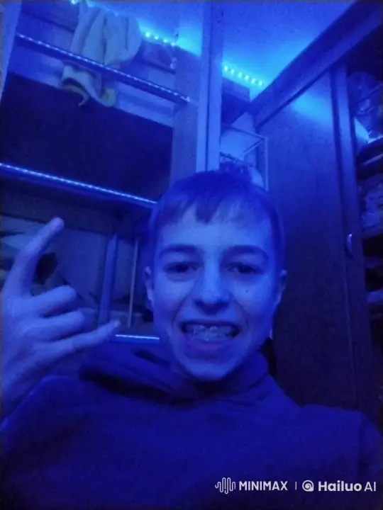 Young Person in Blue-Lit Room with Rock On Sign – AI Generated Video | Hailuo AI