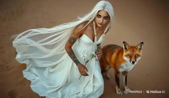 Elegant Woman and Fox Enjoy Tranquil Moment in Sandy Landscape – AI Generated Video | Hailuo AI