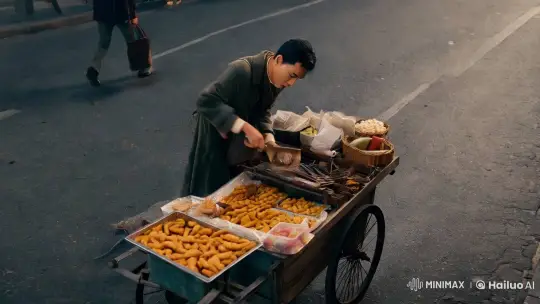 Street Vendor's Chaos: Aesthetic Tension in Urban Scene – AI Generated Video | Hailuo AI