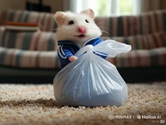 Hamster in Tracksuit Navigates Room with Bag – AI Generated Video | Hailuo AI