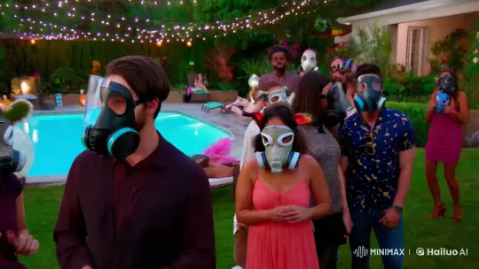 Mysterious Pool Party with Gas Mask Guests – AI Generated Video | Hailuo AI