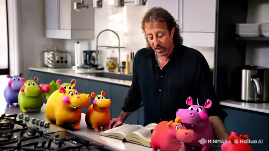 Lars Ulrich Discusses Literature Amidst Cartoon Hippos in Modern Kitchen – AI Generated Video | Hailuo AI