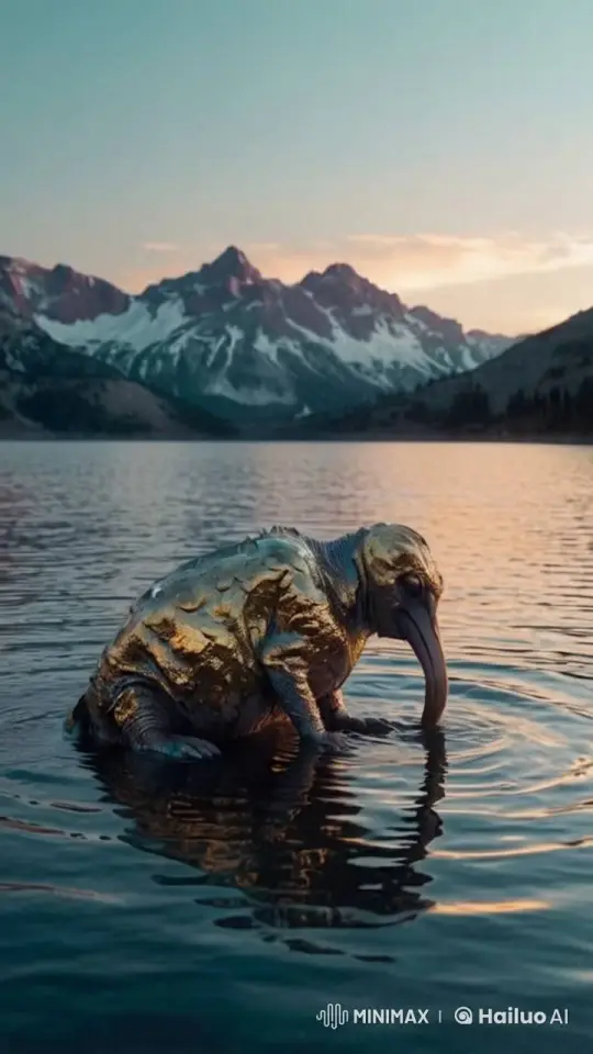 Creature Drinks from Golden Lake in Surreal Live2D Scene – AI Generated Video | Hailuo AI