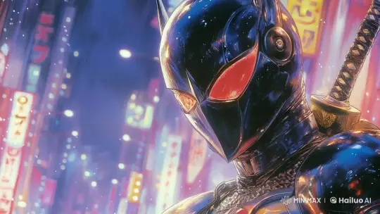 Vigilant Armored Figure in Neon-Lit Cityscape – AI Generated Video | Hailuo AI