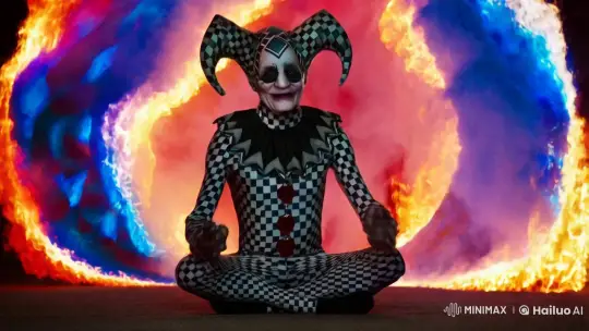 Surreal Psychedelic Jester in Vortex of Flames – AI Generated Video | Hailuo AI