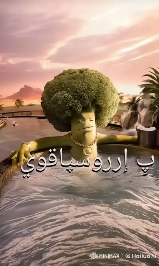 Broccoli Relaxing in Tropical Hot Tub with Sunset – AI Generated Video | Hailuo AI