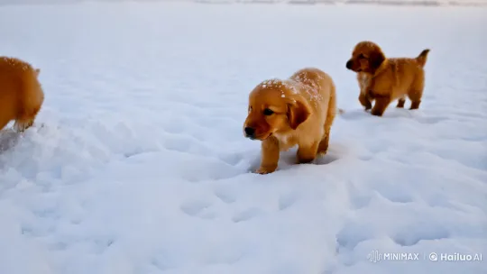 Golden Retrievers Frolic in Snowy Bliss – AI Generated Video | Hailuo AI