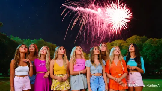 Summer Night Fireworks: Young Women's Joyful Celebration – AI Generated Video | Hailuo AI