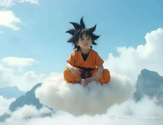 Child Meditates on Cloud Above Mountainous Landscape – AI Generated Video | Hailuo AI
