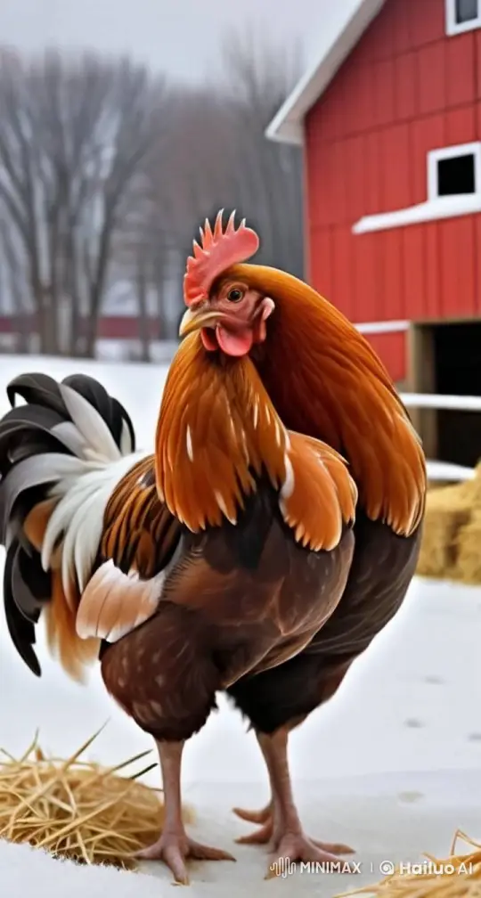 Proud Rooster Stands Watch in Winter Countryside – AI Generated Video | Hailuo AI