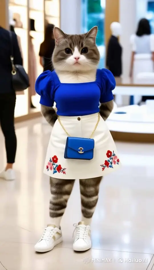 Anthropomorphic Cat Meets Baby Kitty in Chic Boutique – AI Generated Video | Hailuo AI