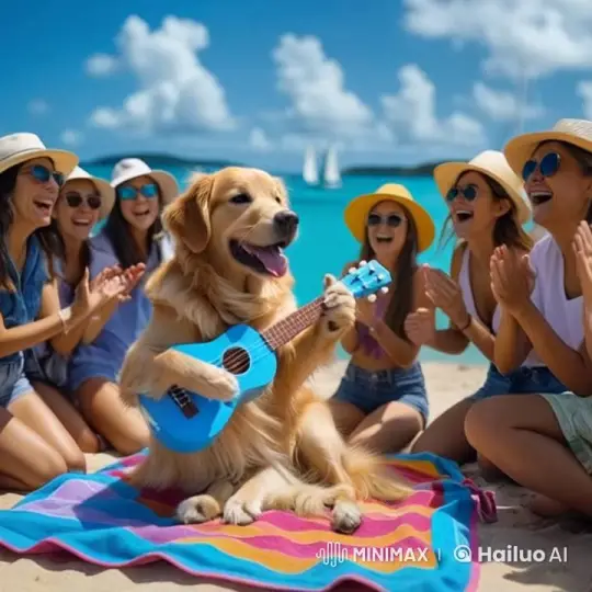 Golden Retriever Plays Ukulele on Beach Blanket – AI Generated Video | Hailuo AI