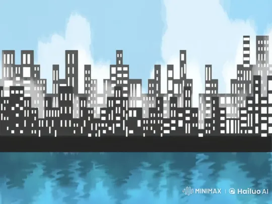 Stylized Urban Waterfront with Animated Clouds and Ripples – AI Generated Video | Hailuo AI