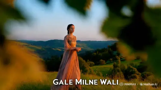 The video clip unfolds with the main subject, Gale Milne, standing poised in a sun-dappled, verdant meadow. The surrounding environment is a symphony of natural beauty, with a backdrop of rolling hills and a clear blue sky. Gale's attire, a flowing gown, complements the serene setting. – AI Generated Video | Hailuo AI