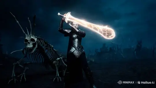 Dark Knight Battles Skeleton Dragon in Gloomy Battlefield – AI Generated Video | Hailuo AI