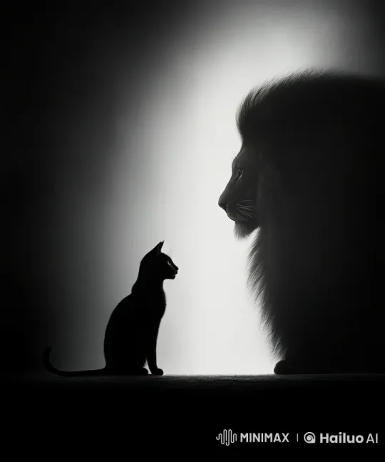 Silhouetted Cat and Lion in Tense Encounter – AI Generated Video | Hailuo AI