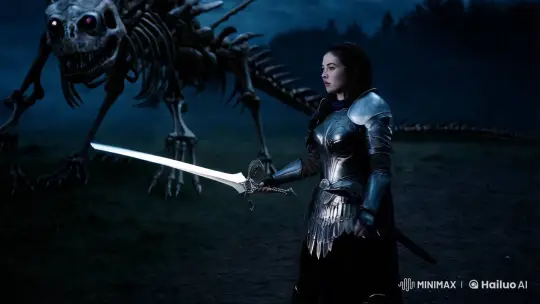 Dark Knight Battles Skeleton Dragon in Ethereal Confrontation – AI Generated Video | Hailuo AI