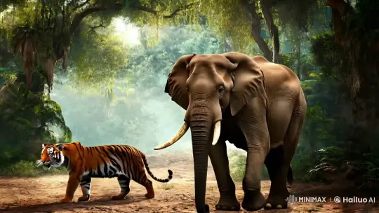 Jungle Standoff: Elephant and Tiger Tension – AI Generated Video | Hailuo AI