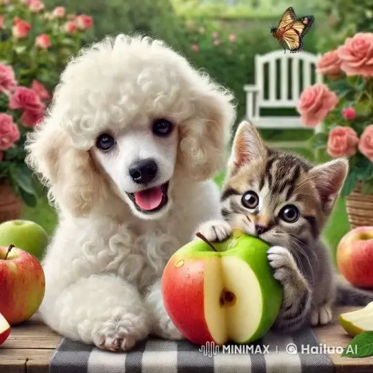 Fluffy Dog and Kitten in Rose Garden Play with Apple – AI Generated Video | Hailuo AI