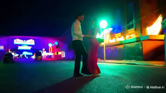 Dancing Couple in Neon-Lit Midnight Street – AI Generated Video | Hailuo AI