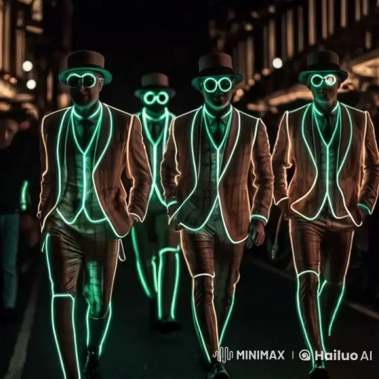 Stylish Men in Illuminated Suits on a Nighttime Walk – AI Generated Video | Hailuo AI