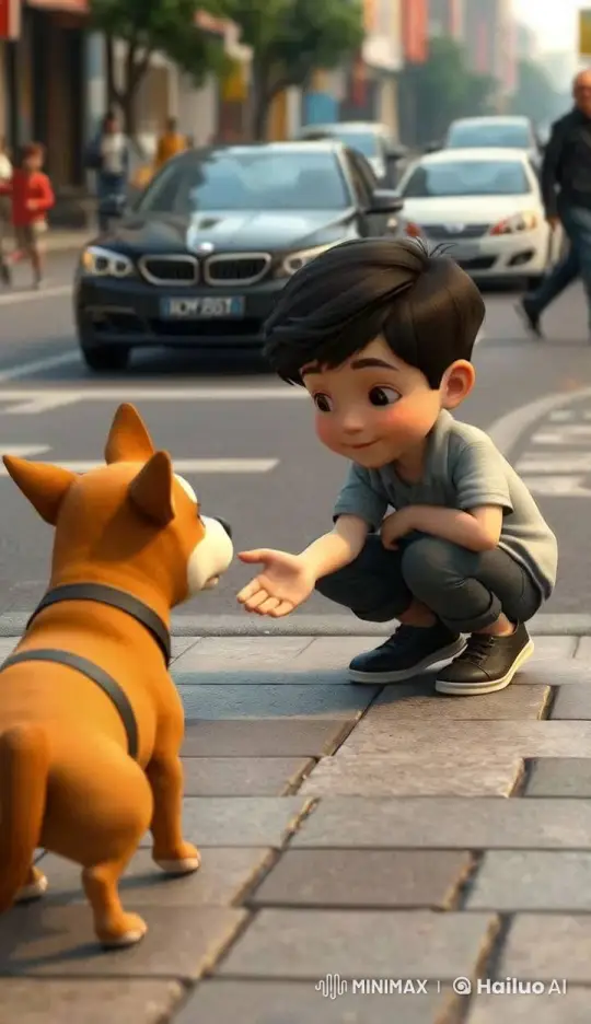 Boy Feeds Bread to Curious Dog in Peaceful 3D City Scene – AI Generated Video | Hailuo AI