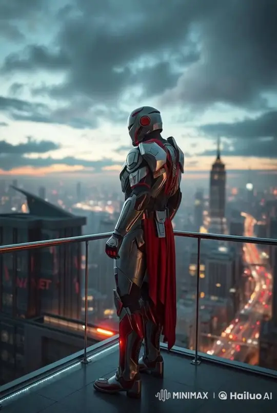 Futuristic Vigilante in High-Tech Armor Stands Ready – AI Generated Video | Hailuo AI