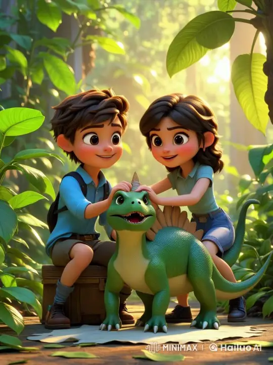 Children Care for Injured Stegosaurus in Sunset Jungle – AI Generated Video | Hailuo AI