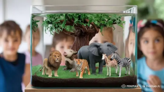 Tiny Animated Animals Play in Glass Container, Watched by Fascinated Kids – AI Generated Video | Hailuo AI