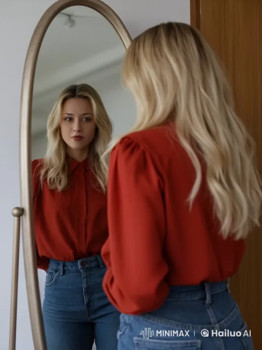 Woman in Mirror Mirrors Her Doppelgänger's Sinister Laugh – AI Generated Video | Hailuo AI