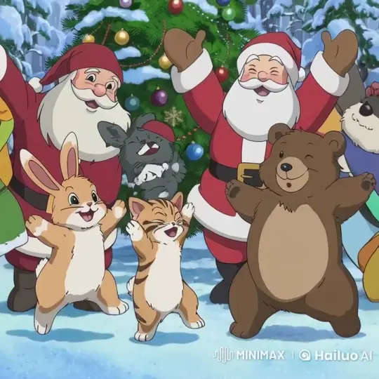 Animated Winter Wonderland with Santas and Happy Animals – AI Generated Video | Hailuo AI