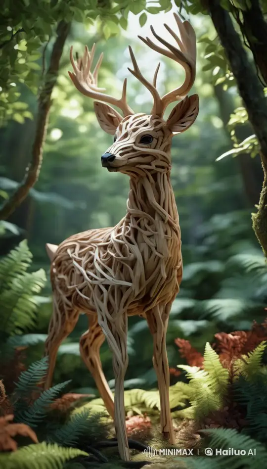 Wooden Deer Sculpture in Lush Forest Setting – AI Generated Video | Hailuo AI