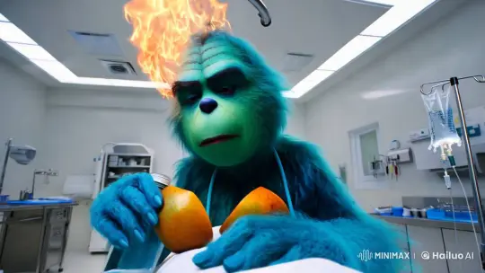 Blue Grinch Performs Surreal Knee Surgery with Mango Break – AI Generated Video | Hailuo AI