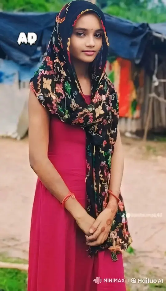 Young Woman in Vibrant Dress Amidst Village Setting – AI Generated Video | Hailuo AI