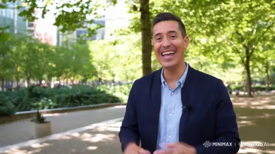 Urban Park Comedy: Man Laughs Amidst Nature's Beauty – AI Generated Video | Hailuo AI