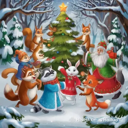 Woodland Creatures Celebrate Christmas Around a Glowing Tree – AI Generated Video | Hailuo AI