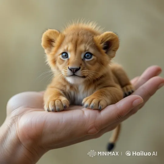Inquisitive Lion Cub Paces and Squeaks on Palm – AI Generated Video | Hailuo AI