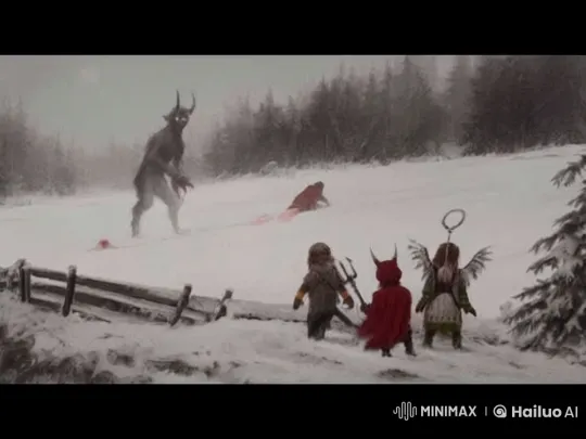 Children Prepare for Encounter with Menacing Creature in Snowy Setting – AI Generated Video | Hailuo AI