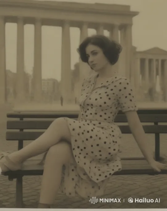 Vintage Woman in Thought on Grand Building Bench – AI Generated Video | Hailuo AI