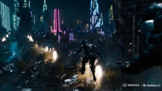 Futuristic Warfare: Exosuit Battle in Neon-Lit Ruins – AI Generated Video | Hailuo AI
