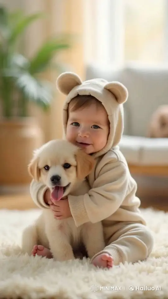 Baby and Puppy Bonding on Fluffy Rug – AI Generated Video | Hailuo AI