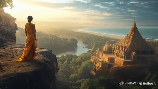 Tranquil Landscape with Temple and Flowing River – AI Generated Video | Hailuo AI