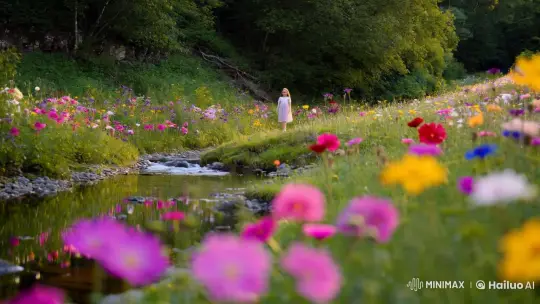Vibrant Landscape with Dancing Girl at Stream – AI Generated Video | Hailuo AI